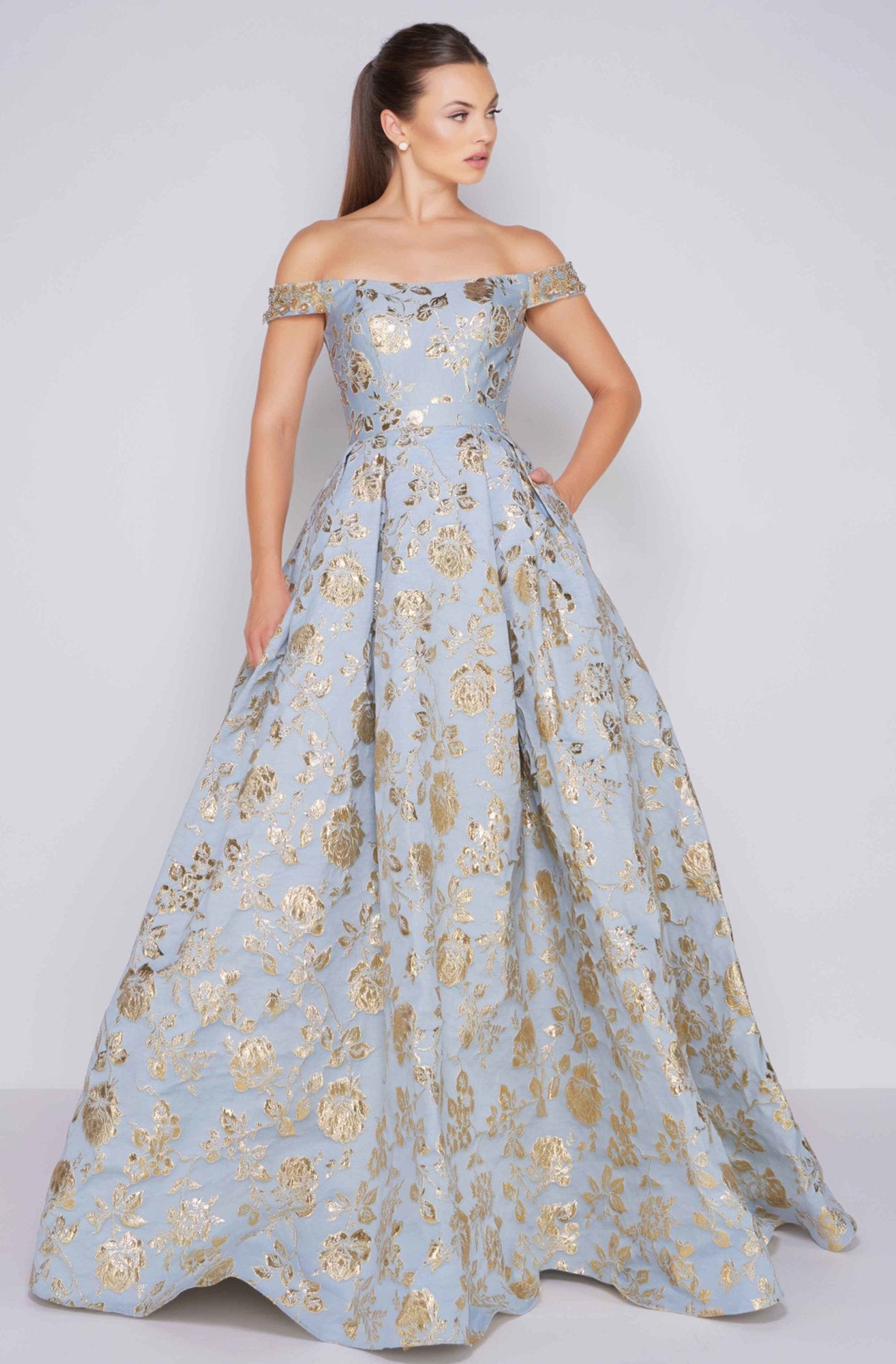 Mac Duggal Ballgowns - 40893H Off Shoulder Floral Brocade Ballgown in Blue