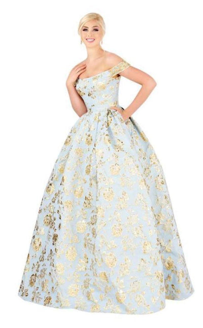 Mac Duggal Ballgowns - 40893H Off Shoulder Floral Brocade Ballgown in Blue