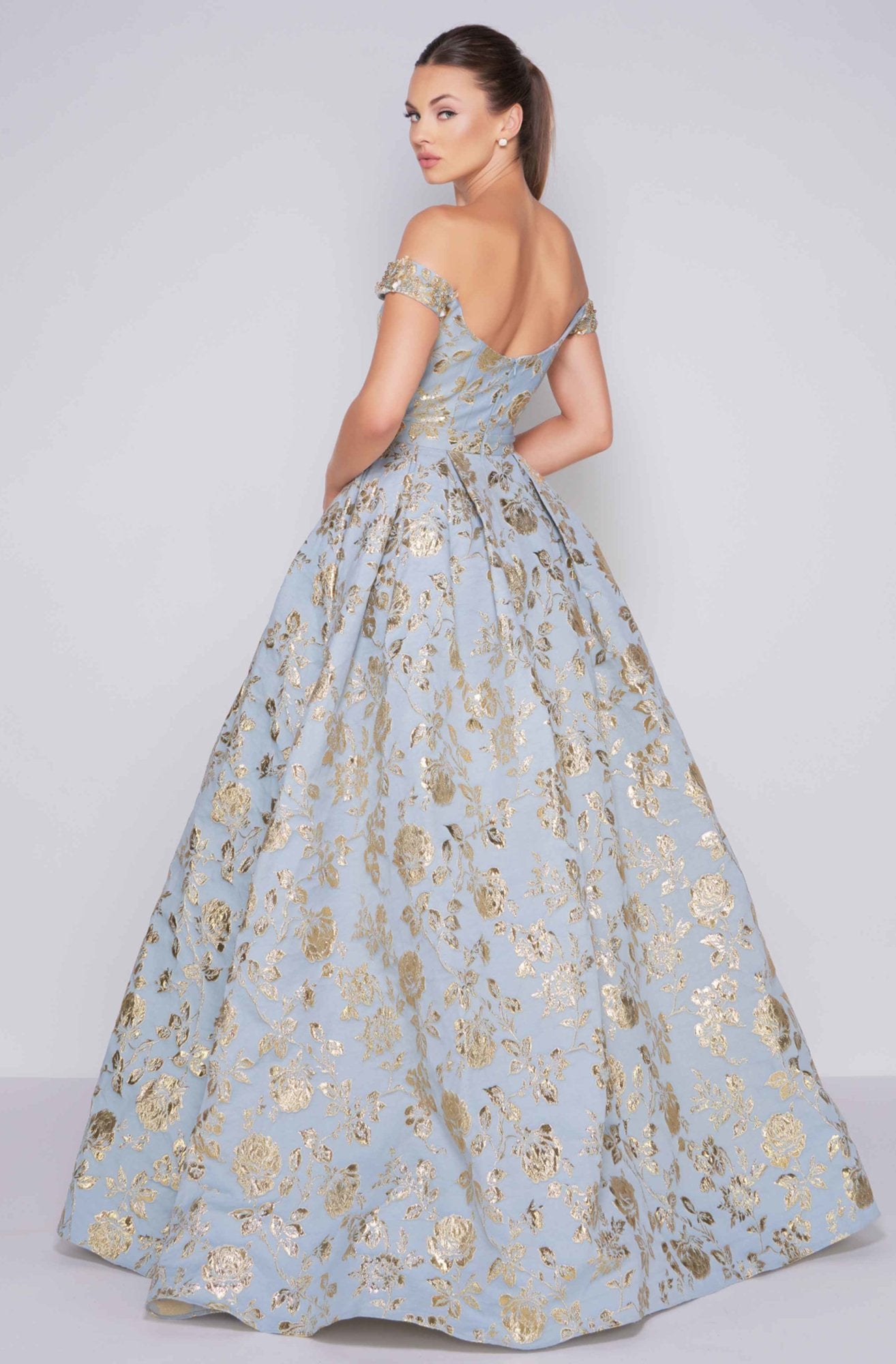 Mac Duggal Ballgowns - 40893H Off Shoulder Floral Brocade Ballgown in Blue