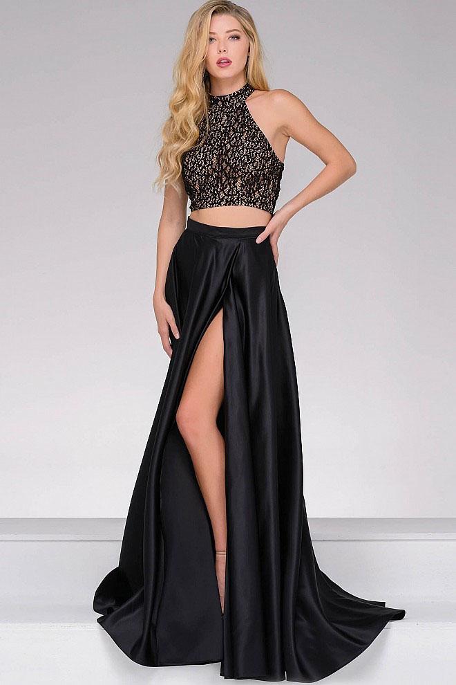 Jovani - JVN41499 Two Piece High Halter Gown with Slit in Black and Nude