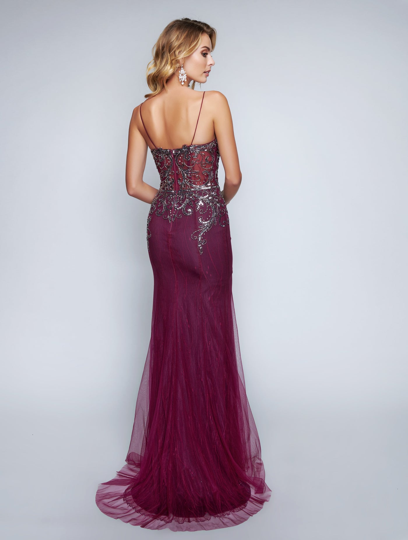 Nina Canacci - 4175 Sequined Lace Deep V-neck Trumpet Dress In Purple