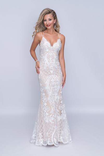 Nina Canacci - Scallop-Embroidered Lace Overlaid Gown 4184 In White and Neutral