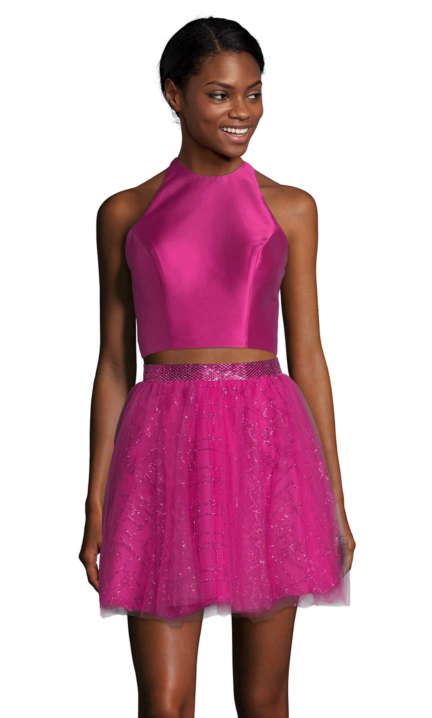Alyce Paris - 4194 Embellished Two Piece Halter Tulle A-Line Dress In Pink