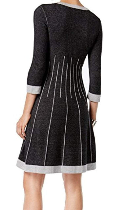 Nine West - 10588854 Scoop Neck Cotton Knit Skater Dress in Black and Gray