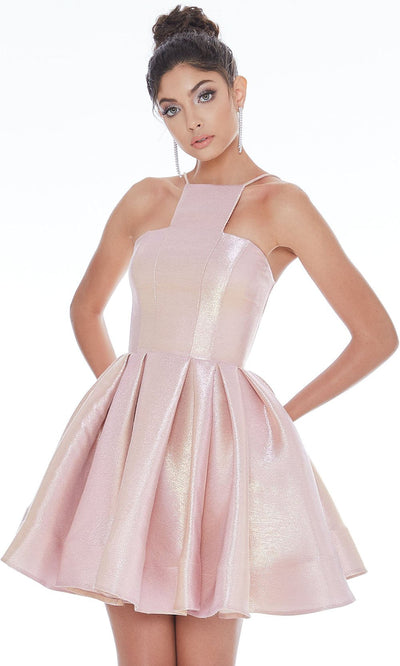 Ashley Lauren - Halter Neck Two-tone Metallic Fit and Flare Cocktail Dress 4204SC In Pink