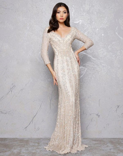 Mac Duggal - 4247D Plunging V-neck Beaded Sheath Gown  in Silver and Neutral