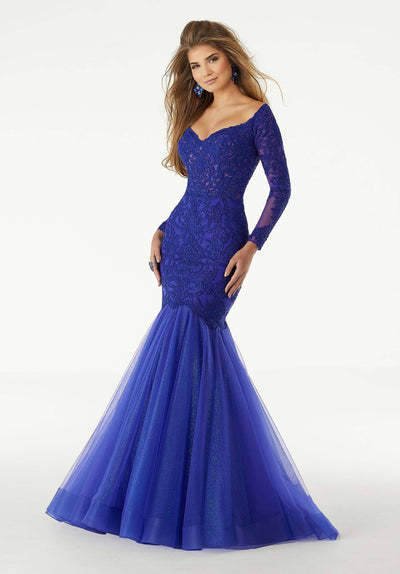 Mori Lee - 43060 Off Shoulder Lace and Glitter Tulle Mermaid Gown in Blue