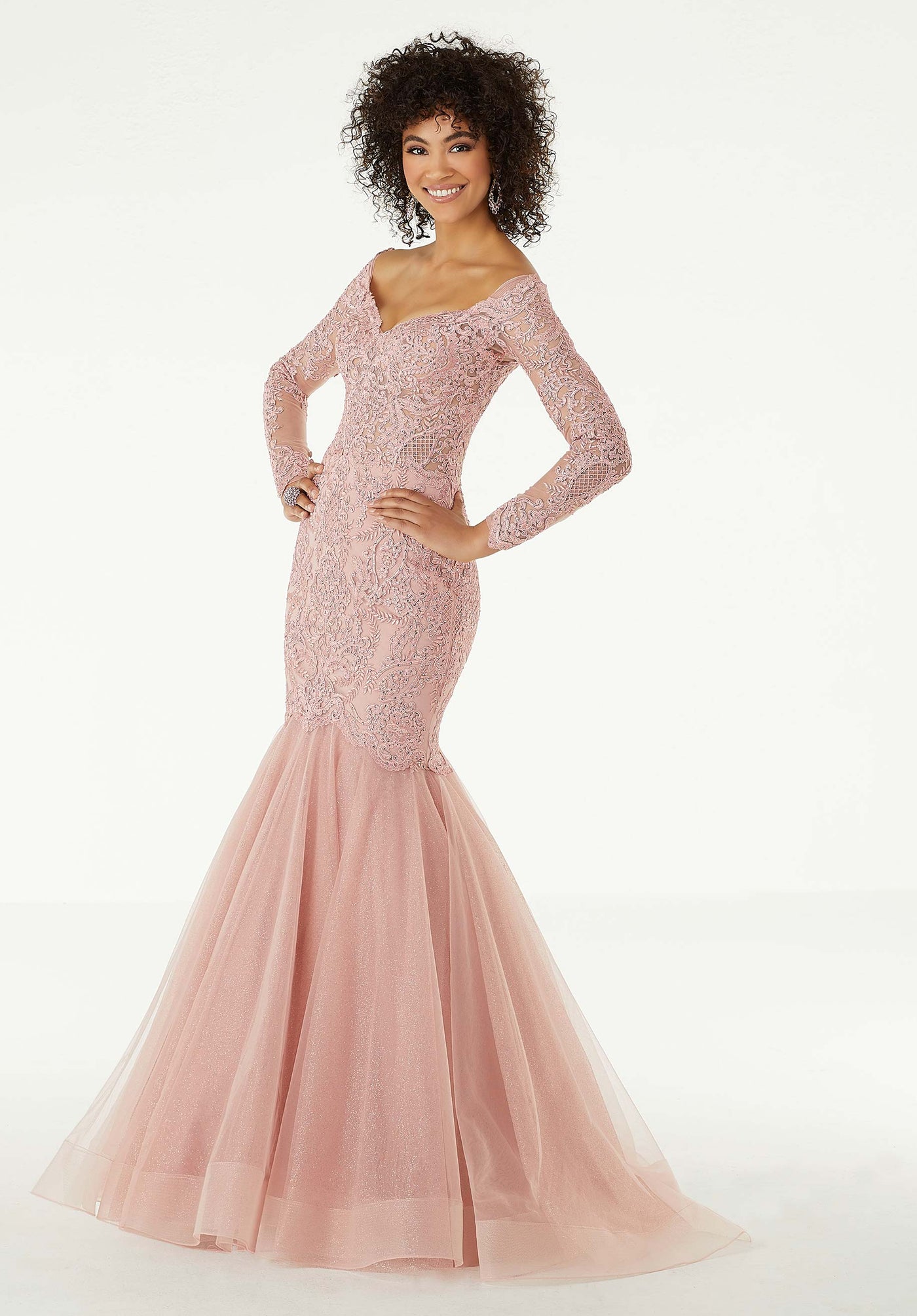 Mori Lee - 43060 Off Shoulder Lace and Glitter Tulle Mermaid Gown in Pink