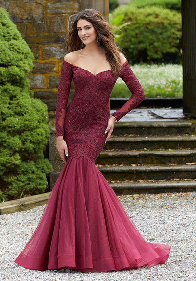 Mori Lee - 43060 Off Shoulder Lace and Glitter Tulle Mermaid Gown in Red