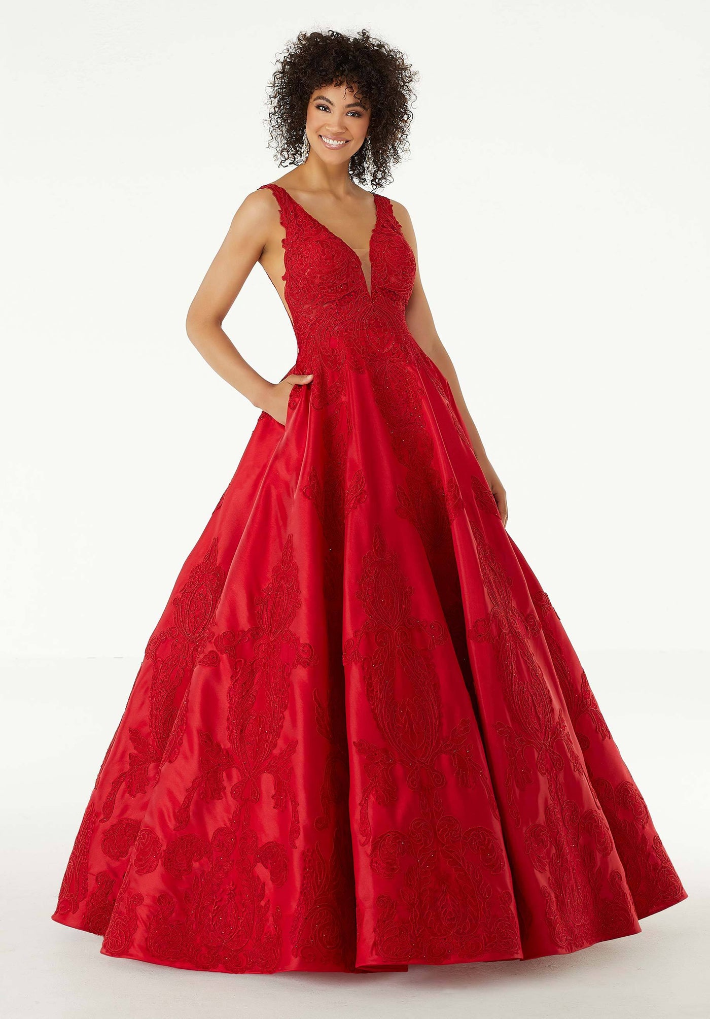 Mori Lee - 43089 Sleeveless V Neck Beaded Lace Appliques Satin Gown in Red
