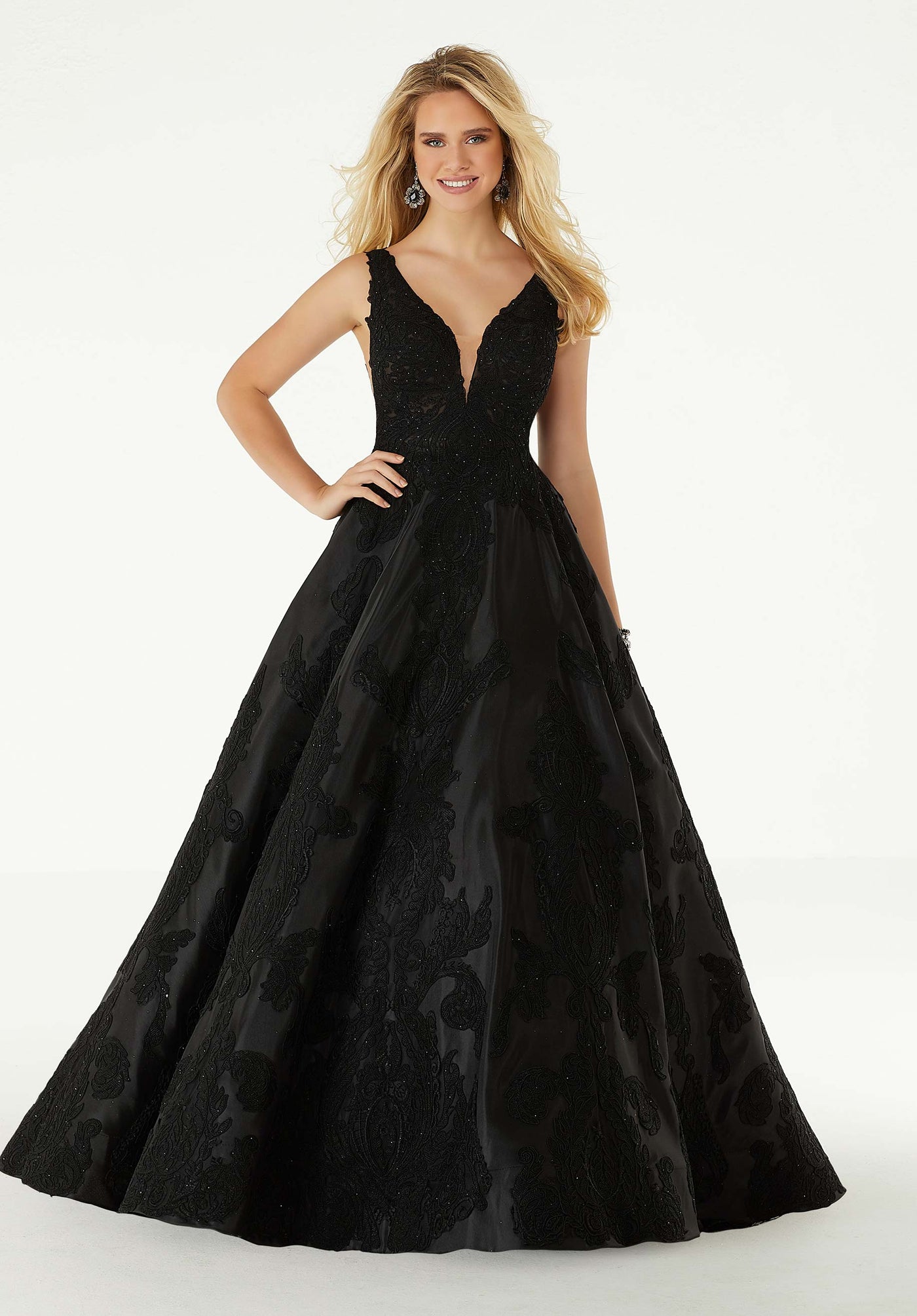 Mori Lee - 43089 Sleeveless V Neck Beaded Lace Appliques Satin Gown in Black