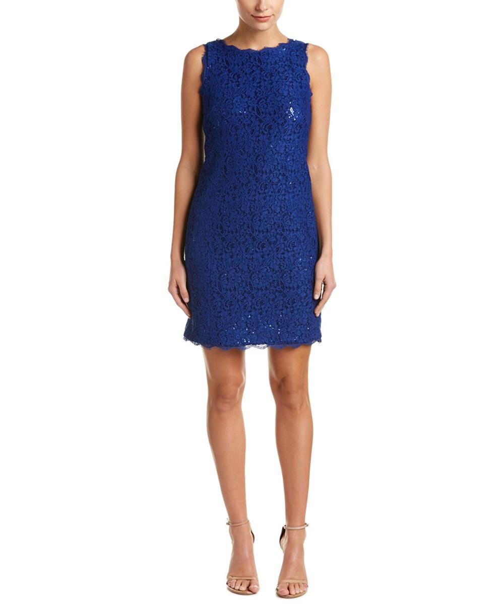 Adrianna Papell - 41929990 Sleeveless Embellished Lace Sheath Dress in Blue