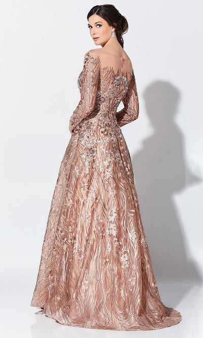 Mon Cheri - Beaded Illusion Bateau Gown 119D47A In Gold and Pink