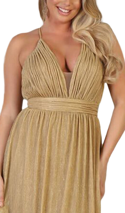 May Queen - MQ1635 Ruched Plunging V-Neck A-Line Dress In Gold