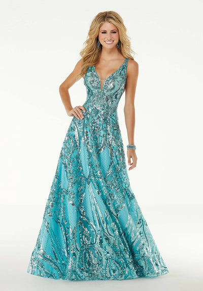 Mori Lee - 45001 Sleeveless V Neck Sequin Ornate A-Line Prom Dress in Blue