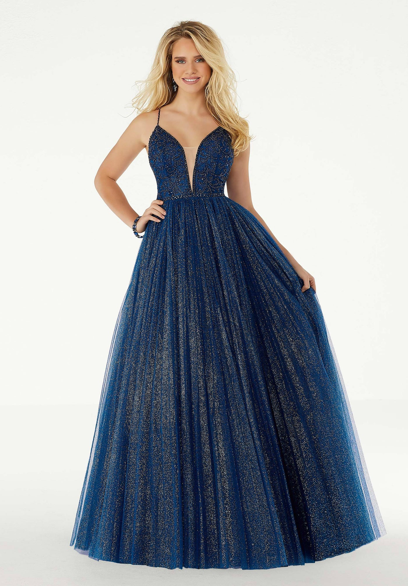 Mori Lee - 45004 Beaded Sleeveless V- Neckline Glitter Net Gown in Blue