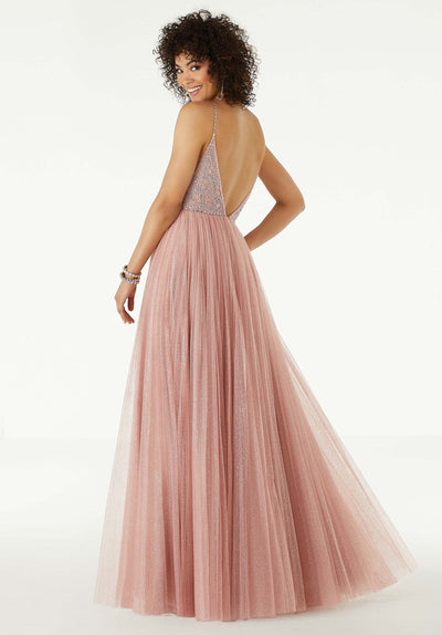 Mori Lee - 45004 Beaded Sleeveless V- Neckline Glitter Net Gown in Pink