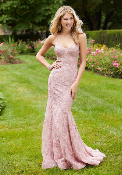 Mori Lee - 45005 Allover Embroidery Sparkle Net V Neck Mermaid Dress in Pink