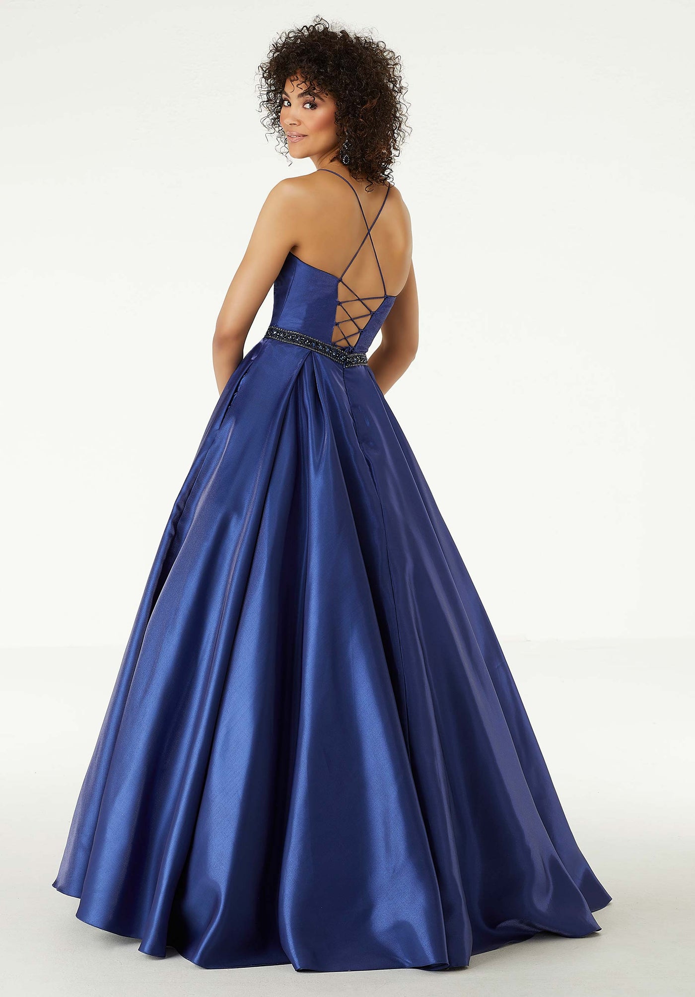 Mori Lee - 45007 Shirred Plunging Shimmer Satin Gown in Blue