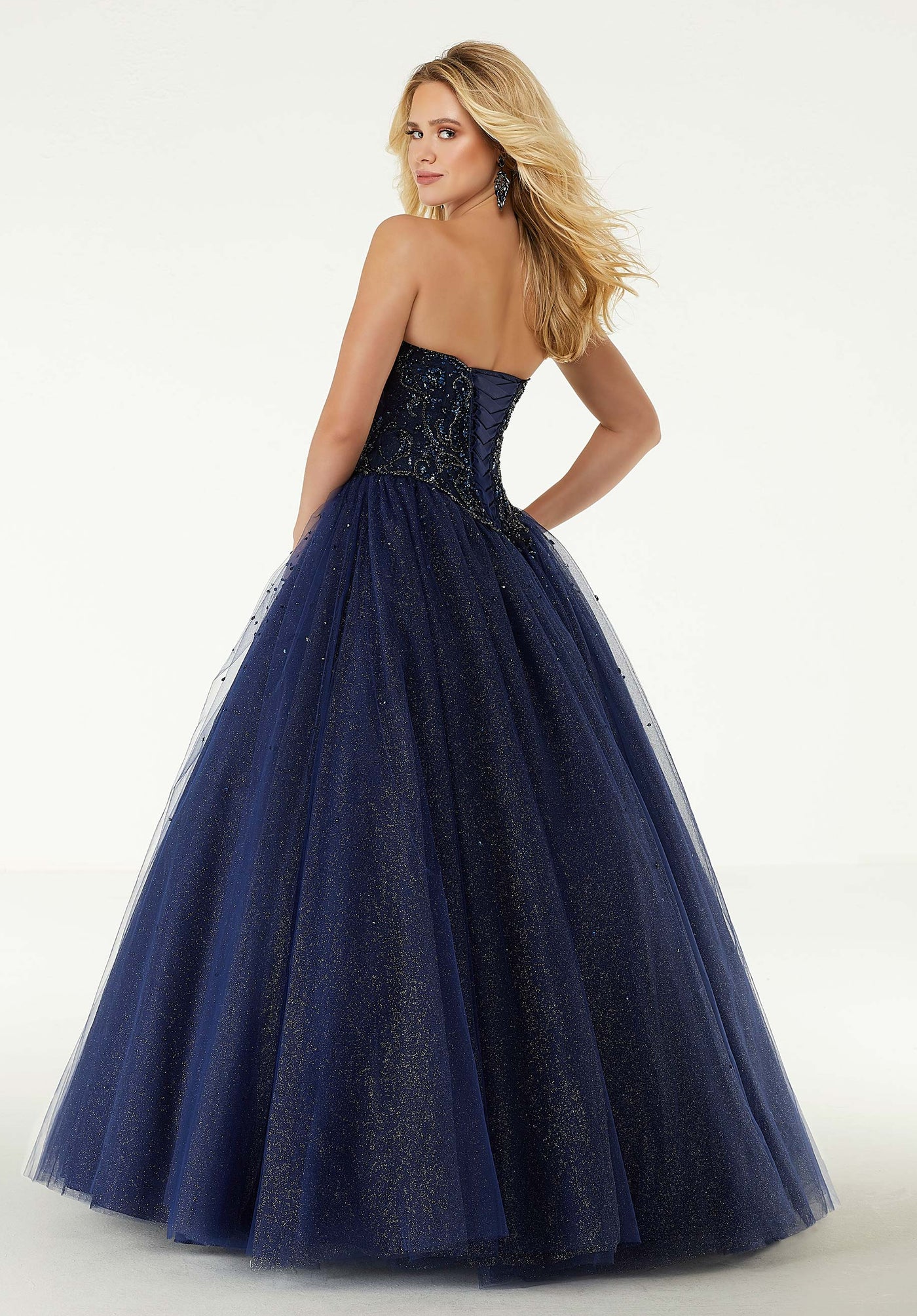 Mori Lee - 45008 Bejeweled Strapless Sweetheart Glitter Ballgown in Blue