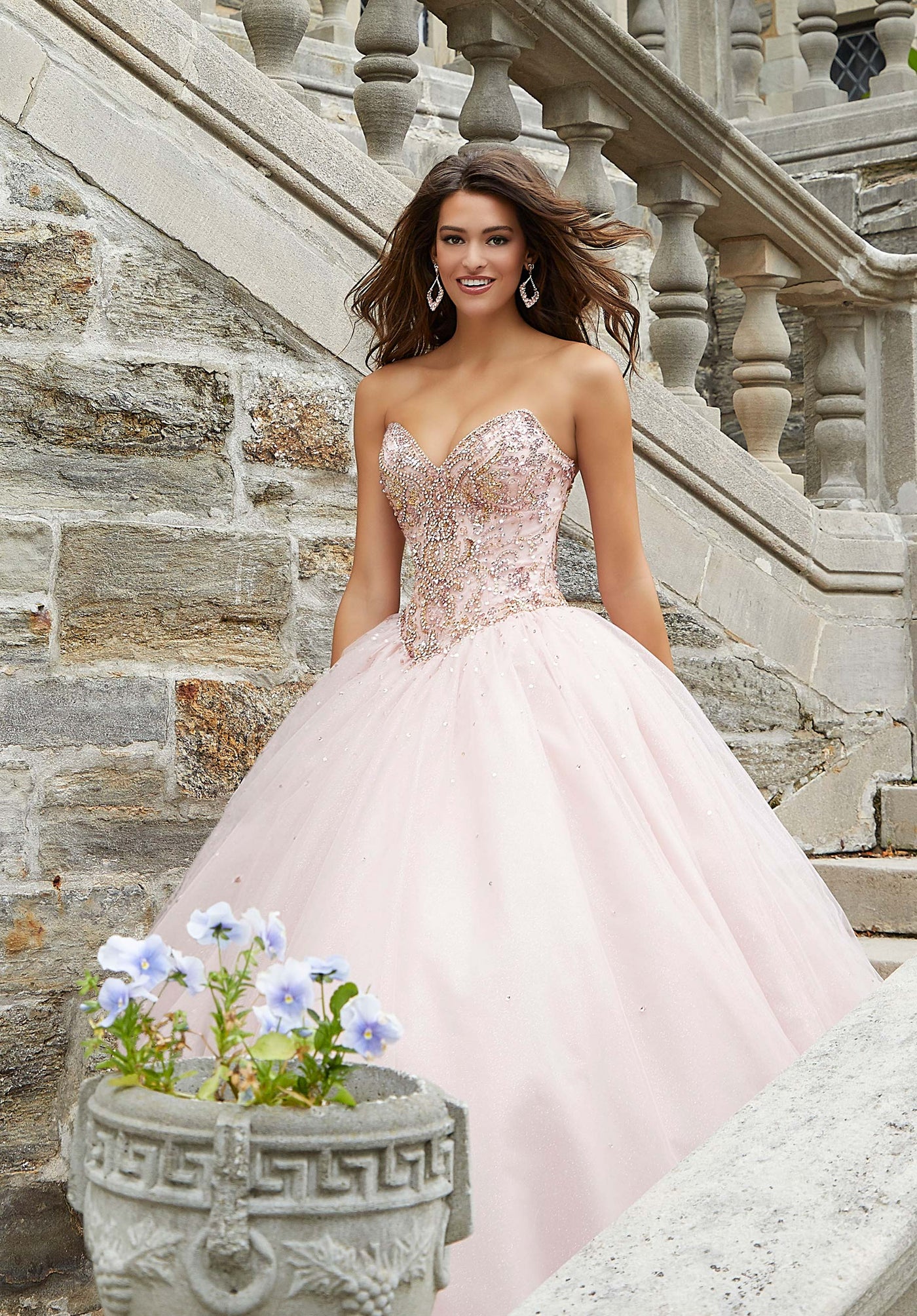 Mori Lee - 45008 Bejeweled Strapless Sweetheart Glitter Ballgown in Pink