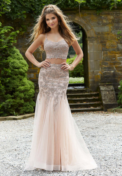 Mori Lee - 45011 Two-Piece Metallic Beaded Flared Gown in Pink and Gold