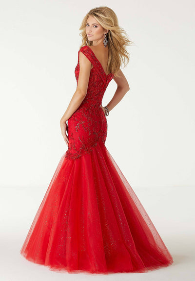 Mori Lee - 45031 Embroidered Deep Wide V-neck Mermaid Dress in Red