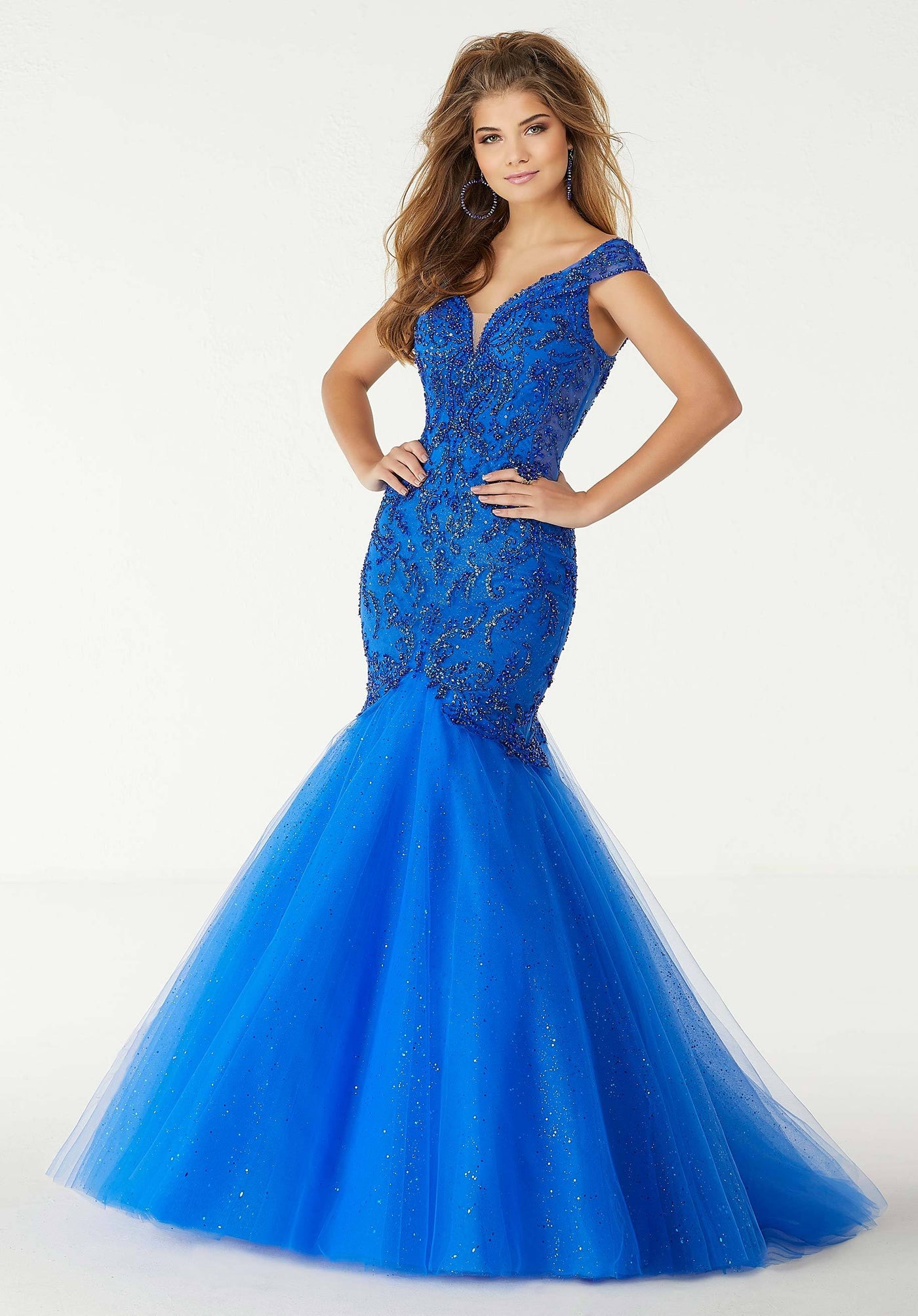 Mori Lee - 45031 Embroidered Deep Wide V-neck Mermaid Dress in Blue