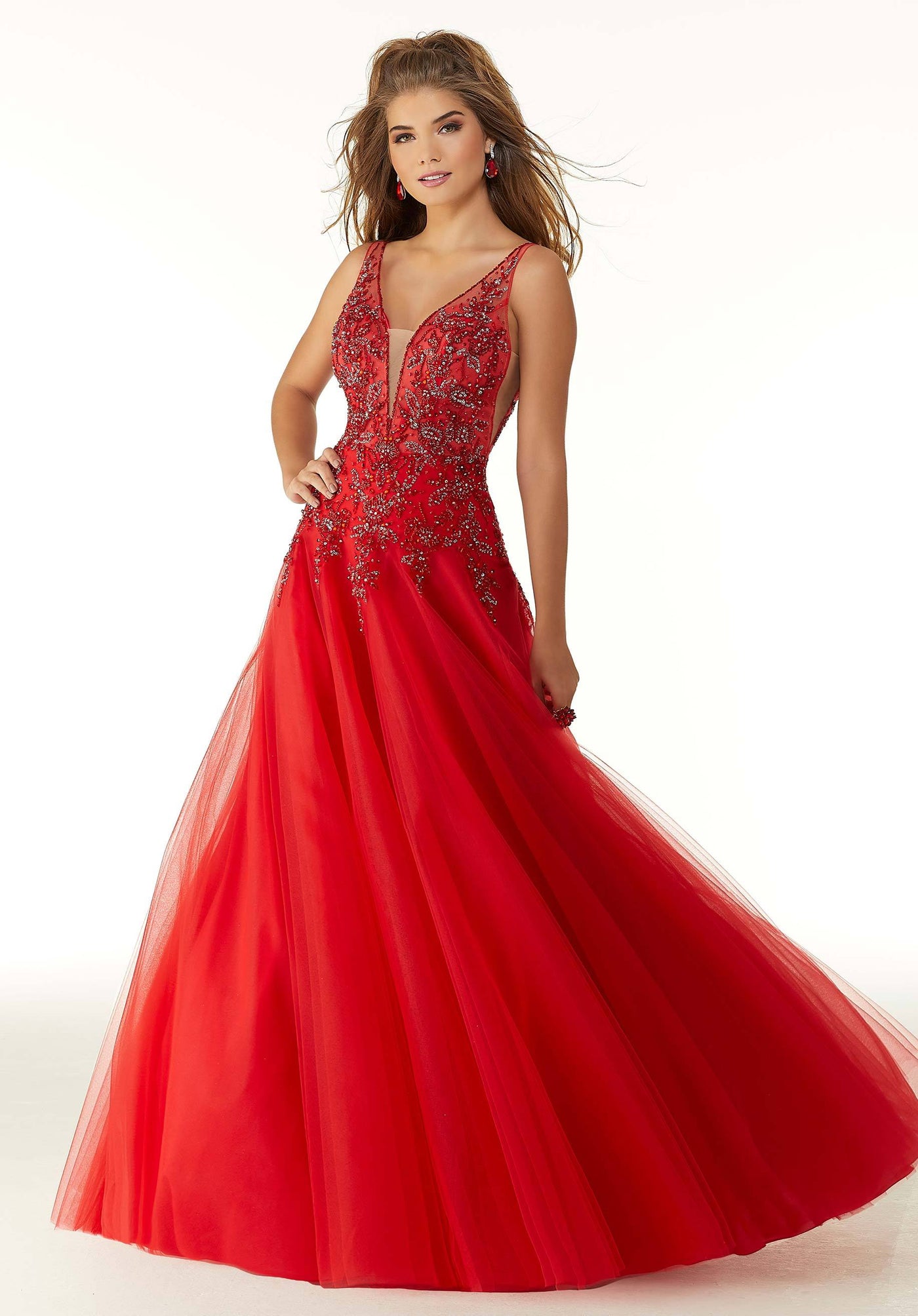 Mori Lee - 45036 Crystal Beaded Deep V-neck Tulle A-line Gown in Red