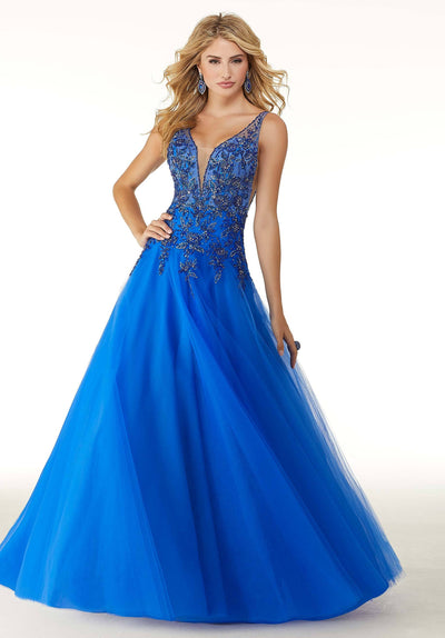 Mori Lee - 45036 Crystal Beaded Deep V-neck Tulle A-line Gown in Blue