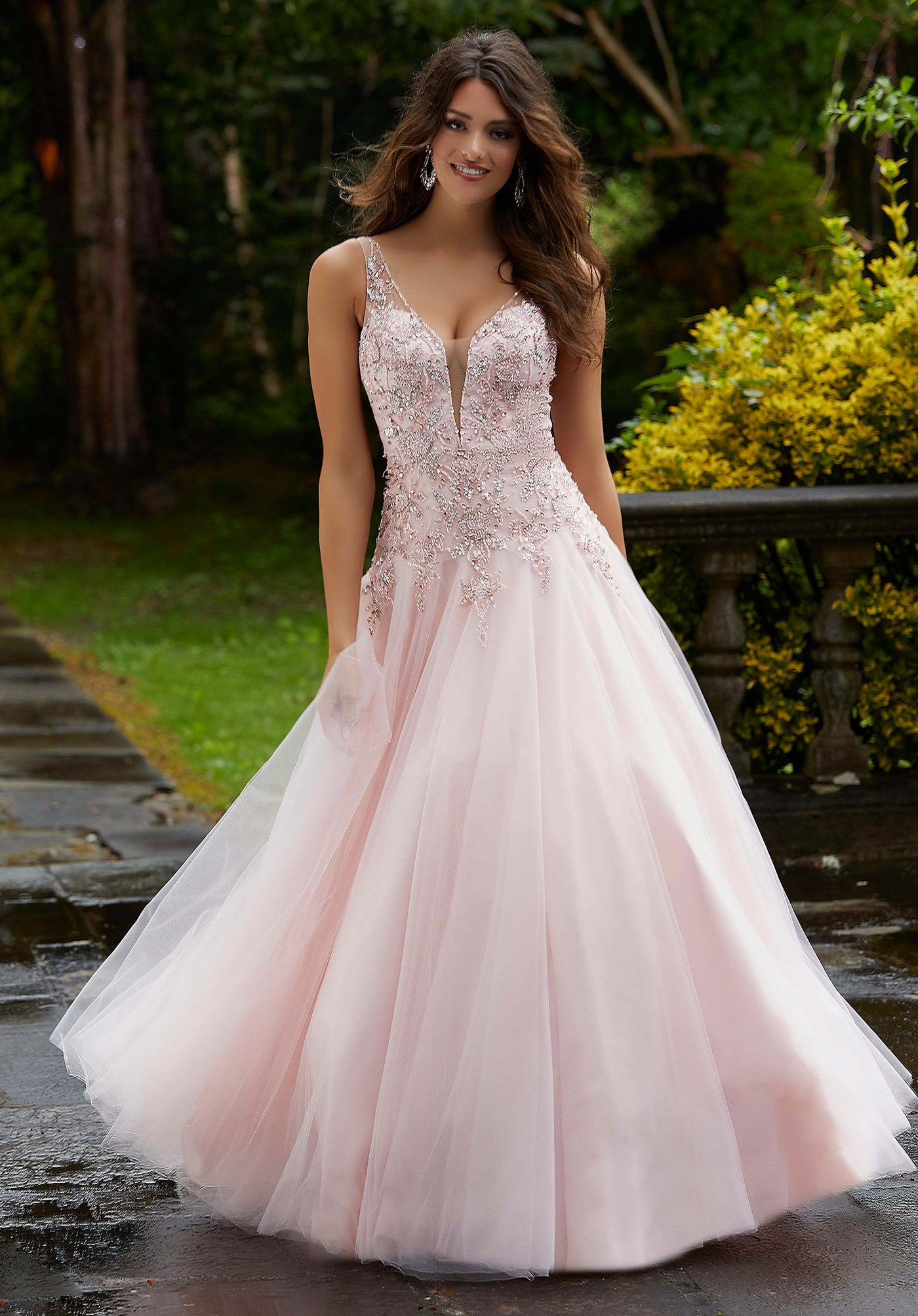 Mori Lee - 45036 Crystal Beaded Deep V-neck Tulle A-line Gown in Pink