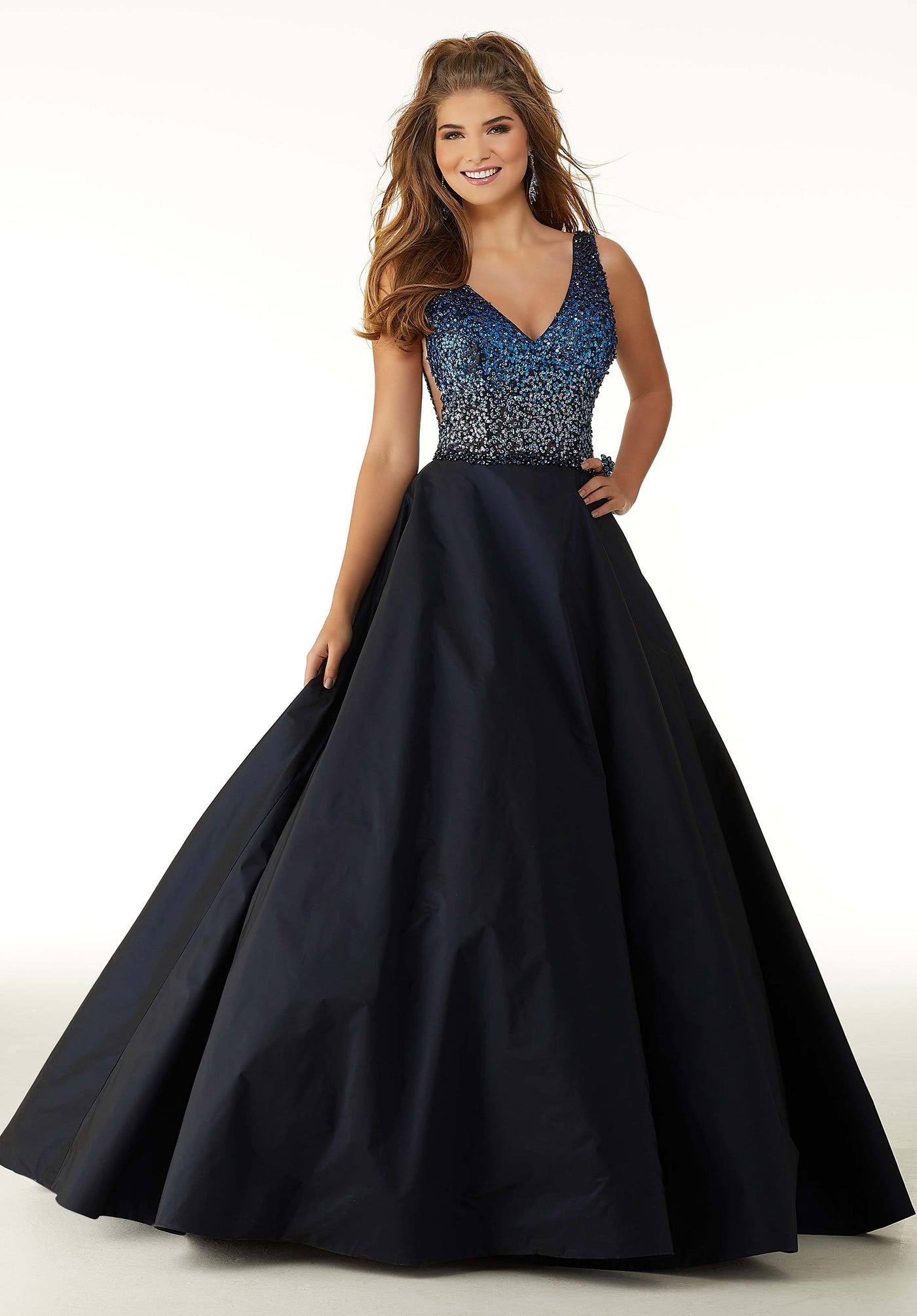 Mori Lee - 45037 Bead Embellished V-Neck Ballgown in Blue