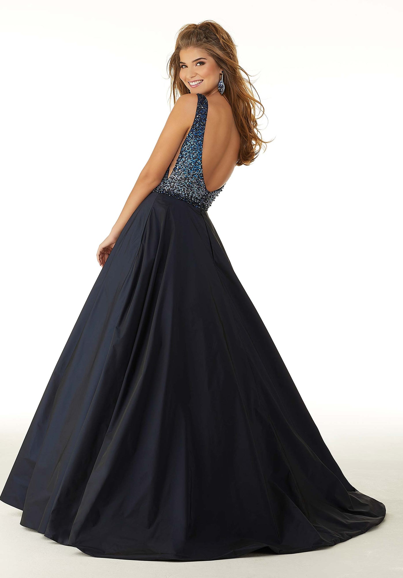 Mori Lee - 45037 Bead Embellished V-Neck Ballgown in Blue