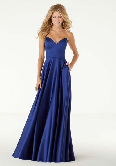 Mori Lee - 45043 Strapless Sweetheart Satin A-line Gown in Blue