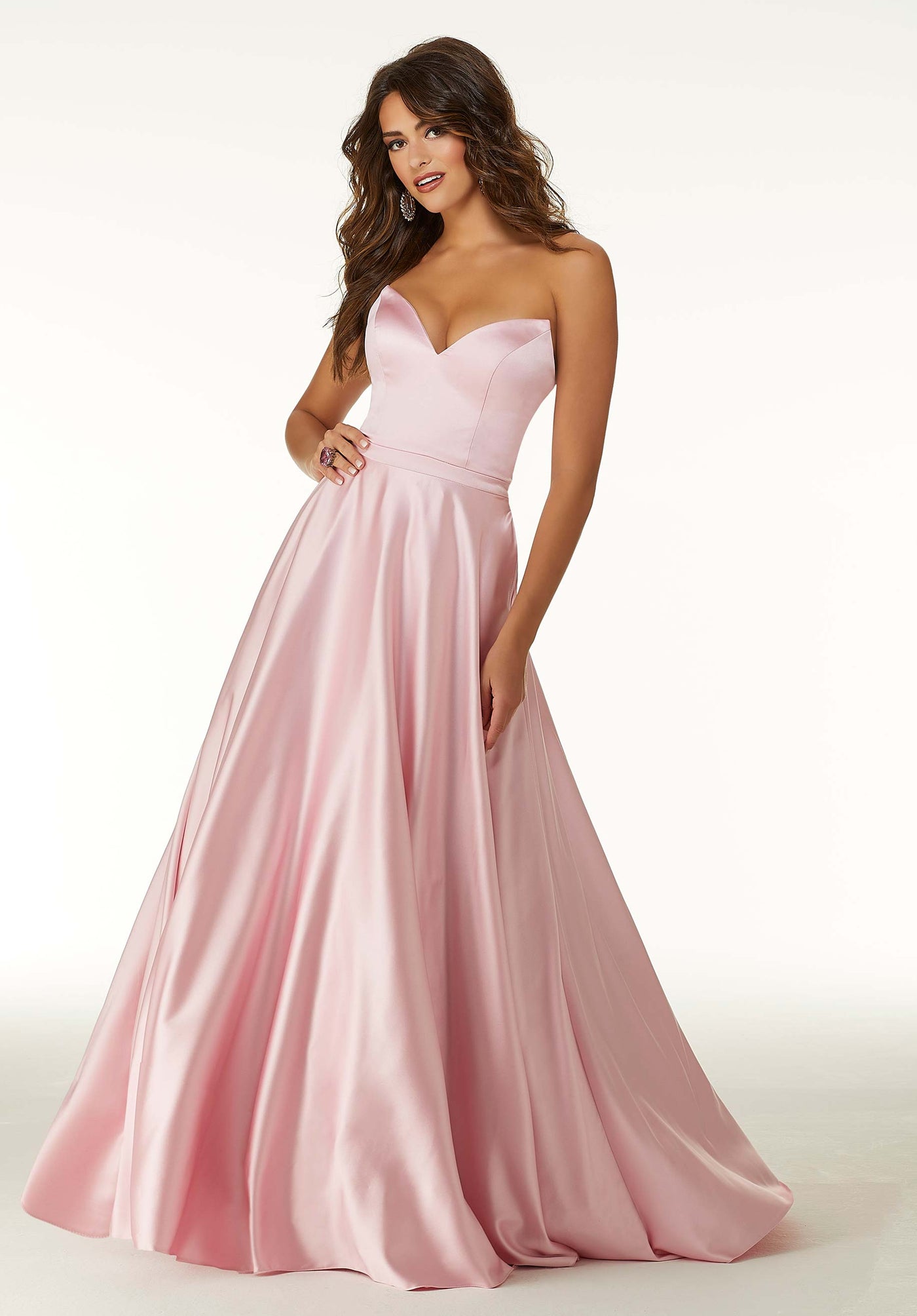 Mori Lee - 45043 Strapless Sweetheart Satin A-line Gown in Pink