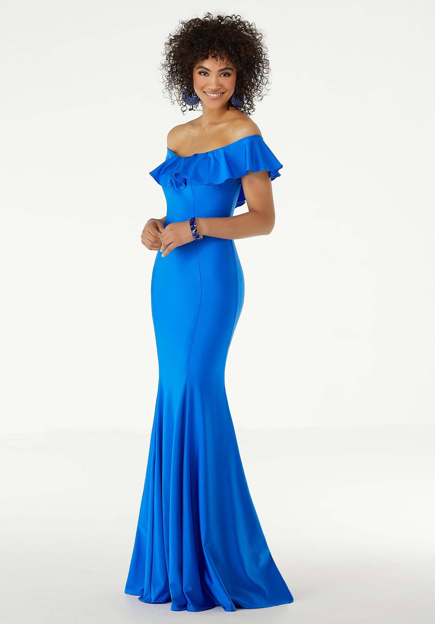 Mori Lee - 45046 Off-Shoulder Silky Jersey Trumpet Dress in Blue