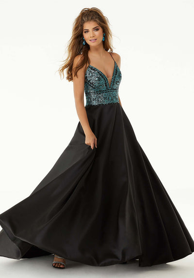 Mori Lee - 45050 Sequined Deep V-neck Glitter Satin A-line Dress in Black and Blue