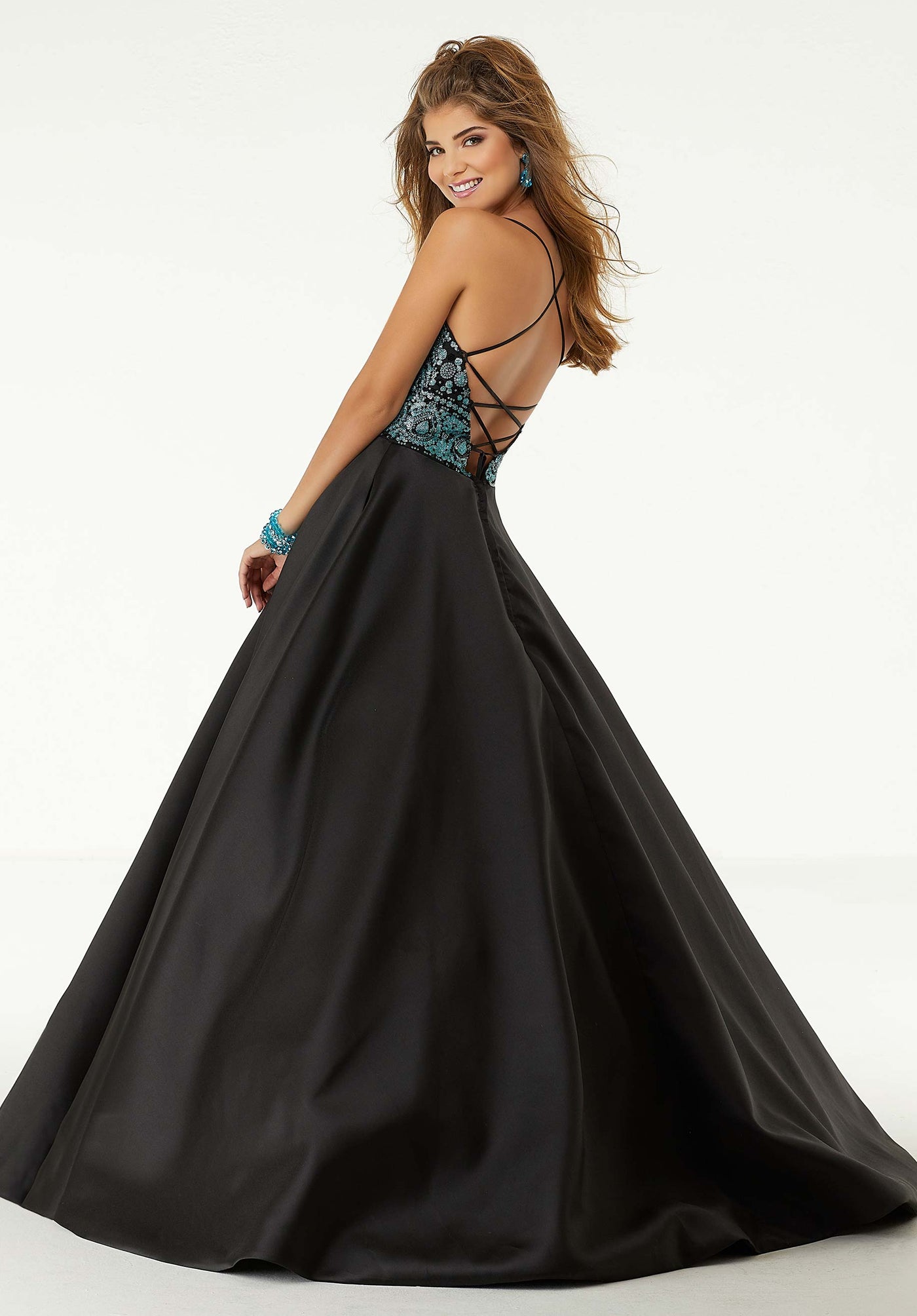 Mori Lee - 45050 Sequined Deep V-neck Glitter Satin A-line Dress in Black and Blue