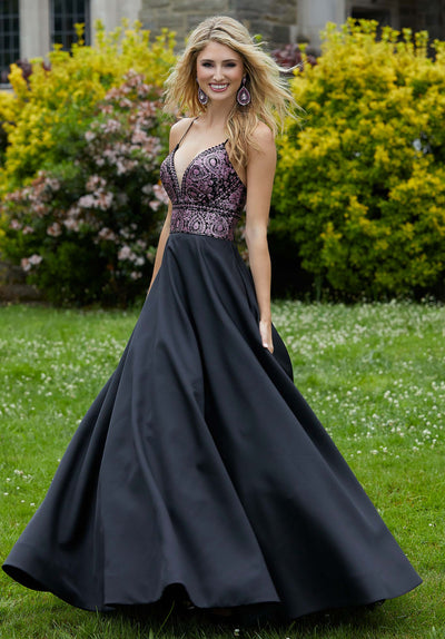 Mori Lee - 45050 Sequined Deep V-neck Glitter Satin A-line Dress in Black and Pink
