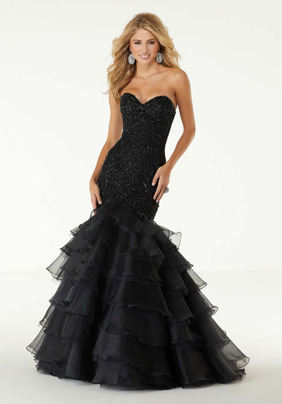 Mori Lee - 45055 Jeweled Sweetheart Tiered Mermaid Dress in Black