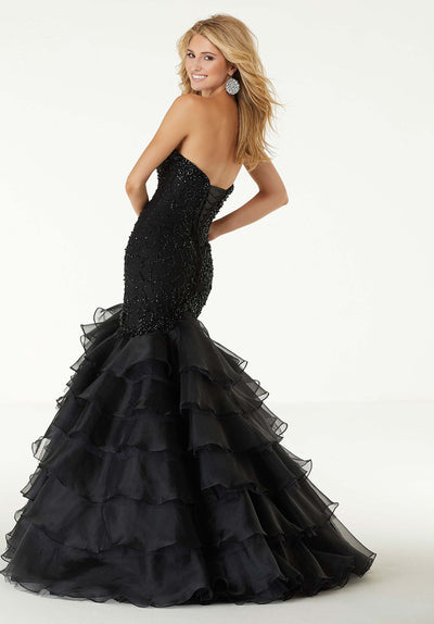 Mori Lee - 45055 Jeweled Sweetheart Tiered Mermaid Dress in Black