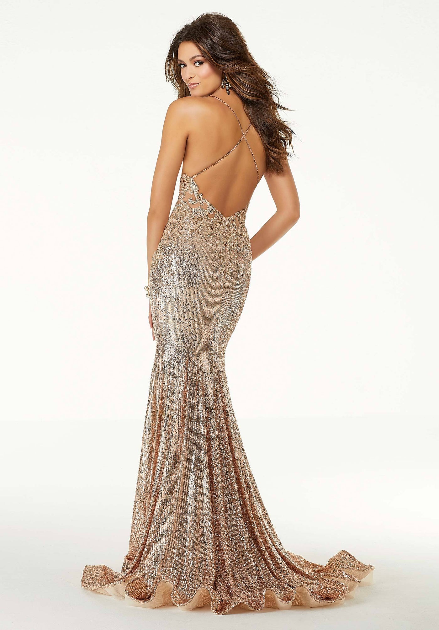 Mori Lee - 45059 Sequined Lace Deep V-neck Trumpet Dress With Train in Gold