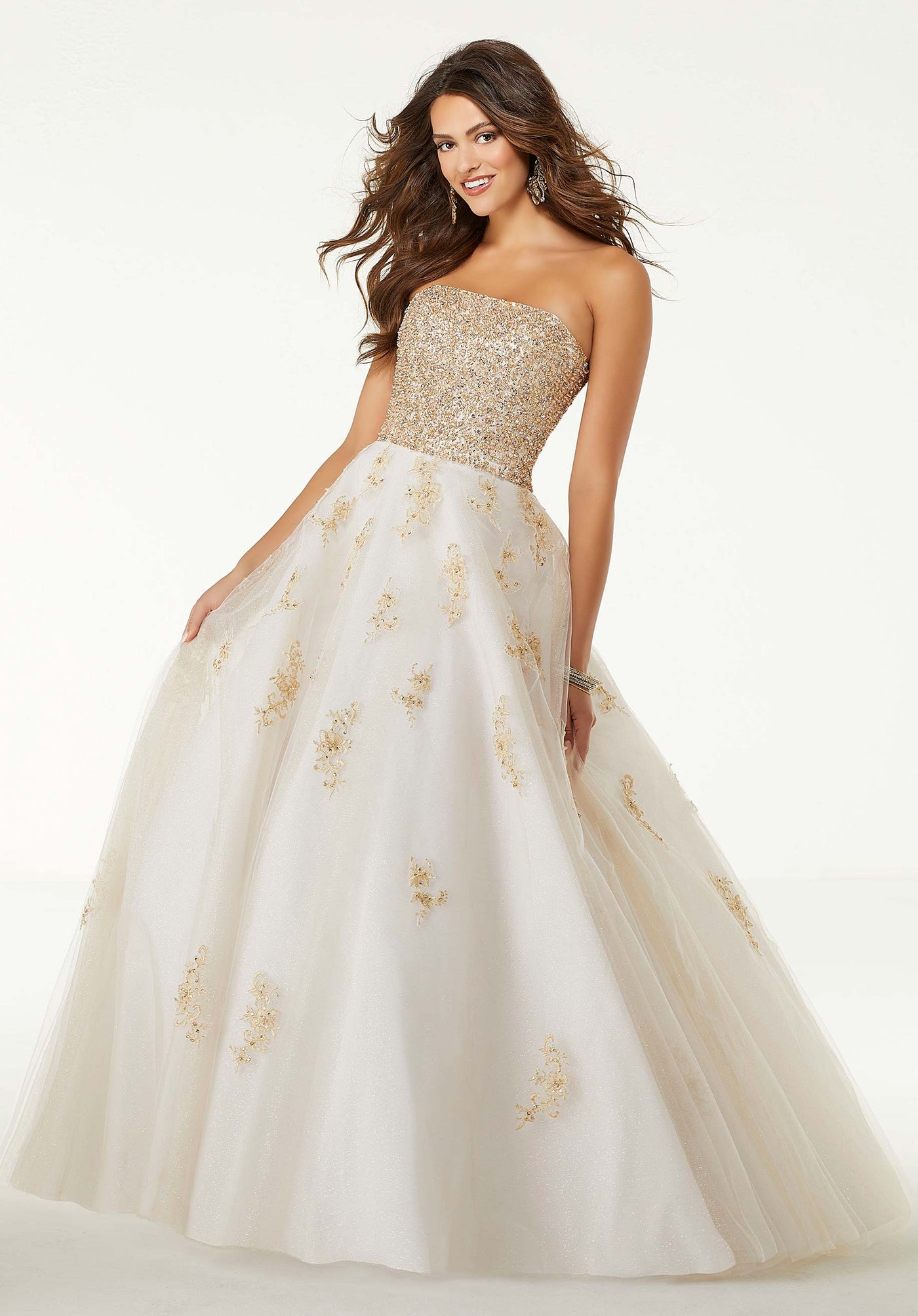 Mori Lee - 45061 Crystal Beaded Strapless Tulle Ballgown in White and Gold