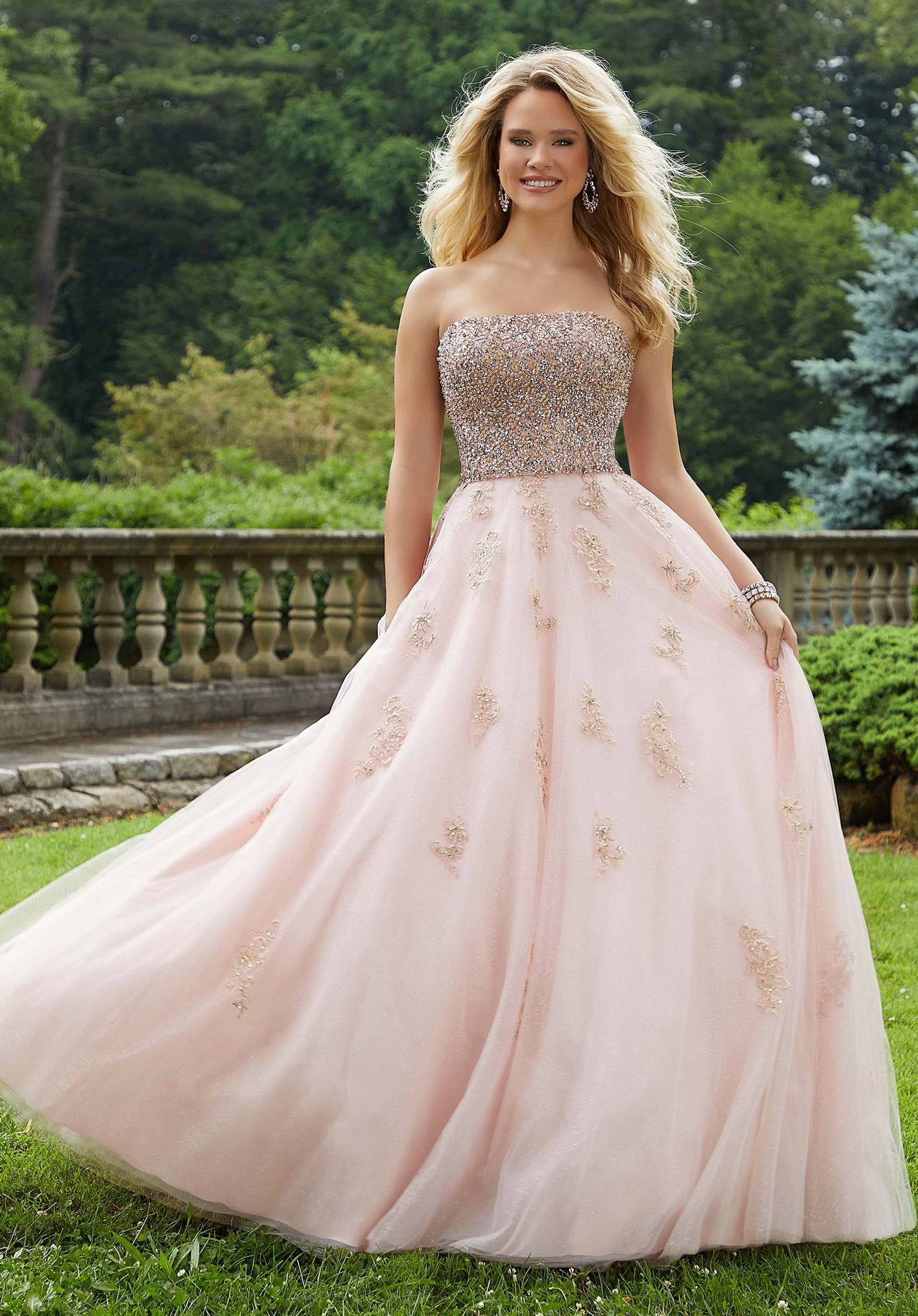 Mori Lee - 45061 Crystal Beaded Strapless Tulle Ballgown in Pink and Gold