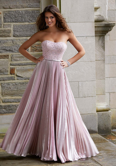 Mori Lee - 45063 Crystal Beaded Sweetheart Pleated A-line Dress in Pink