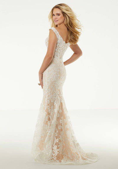 Mori Lee - 45065 Embroidered Off-Shoulder Trumpet Dress With Train in White and Gold
