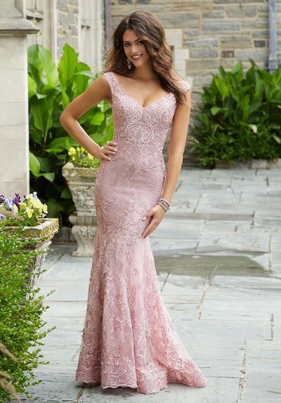 Mori Lee - 45065 Embroidered Off-Shoulder Trumpet Dress With Train in Pink