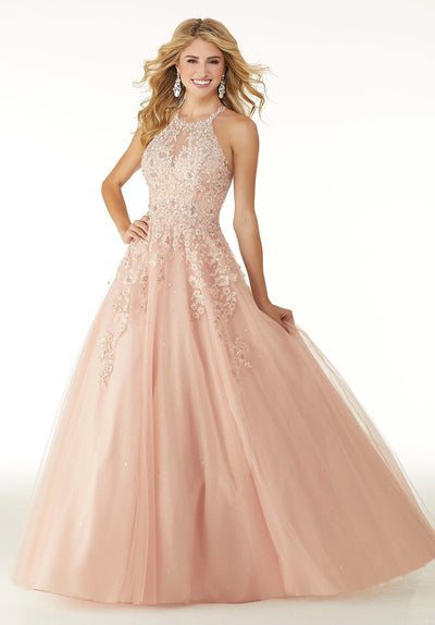 Mori Lee - 45066 Bead Embroidered Halter Neck Tulle Ballgown in Pink