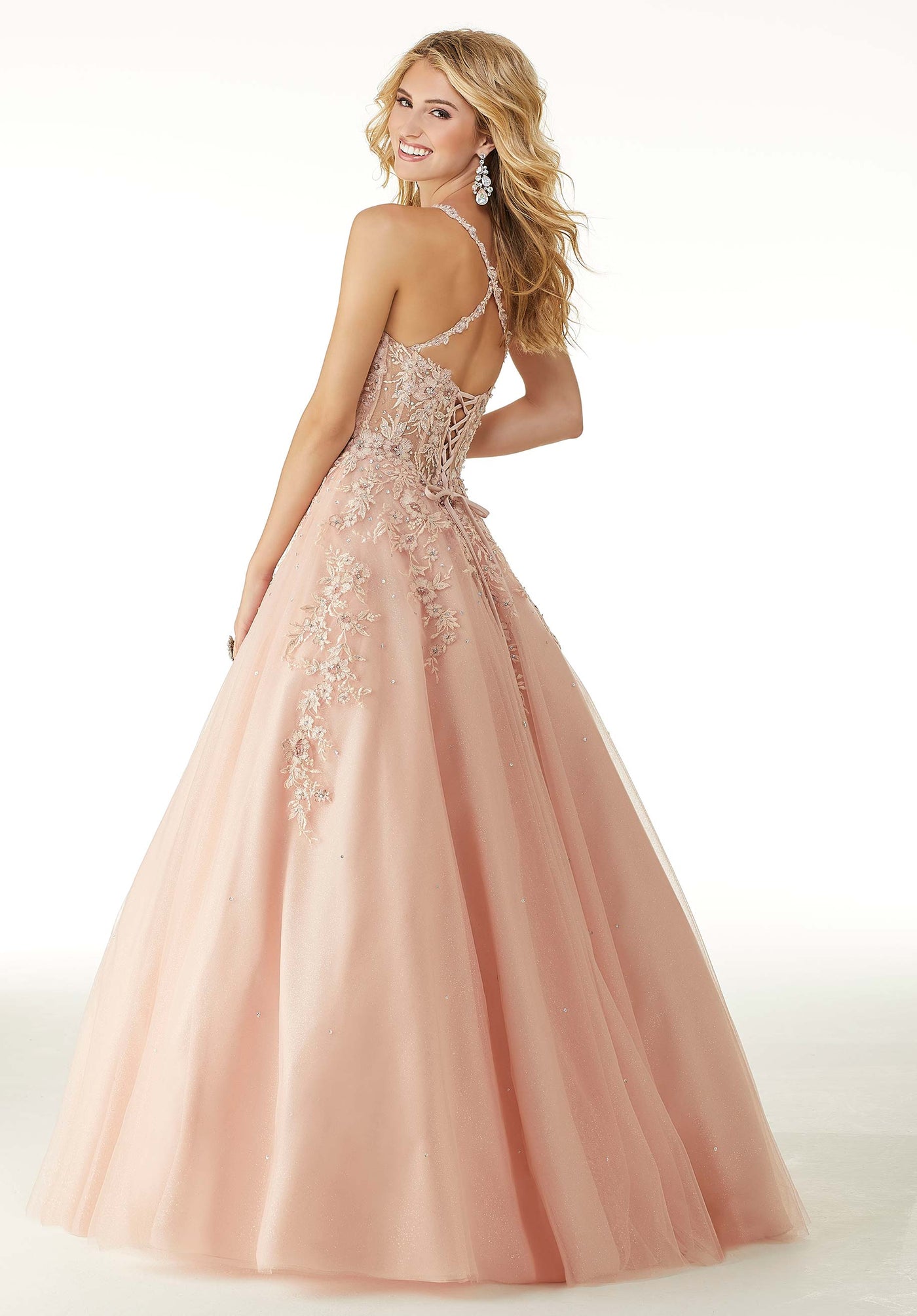 Mori Lee - 45066 Bead Embroidered Halter Neck Tulle Ballgown in Pink