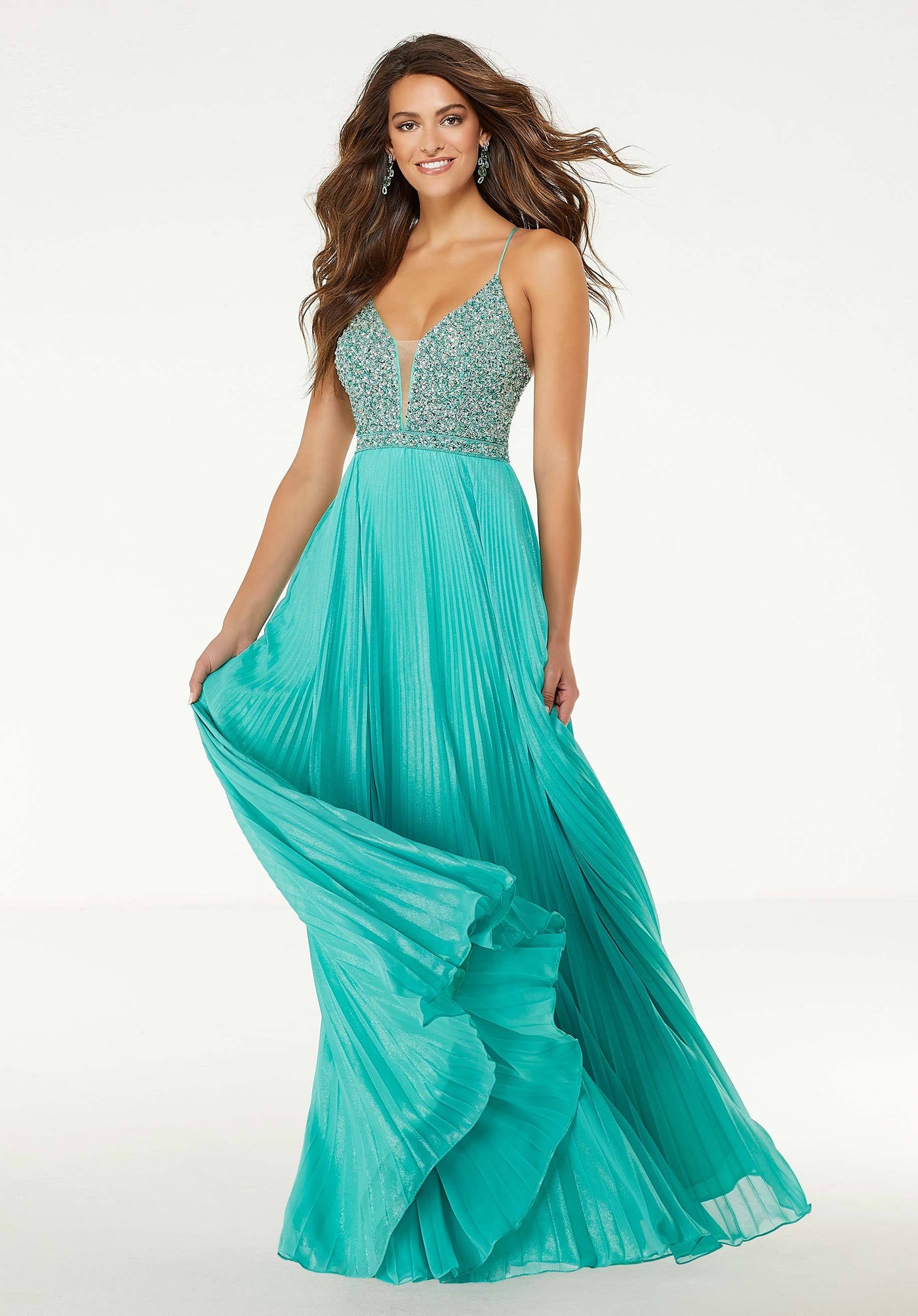 Mori Lee - 45073 Beaded Deep v-neck Pleated A-line Gown in Green